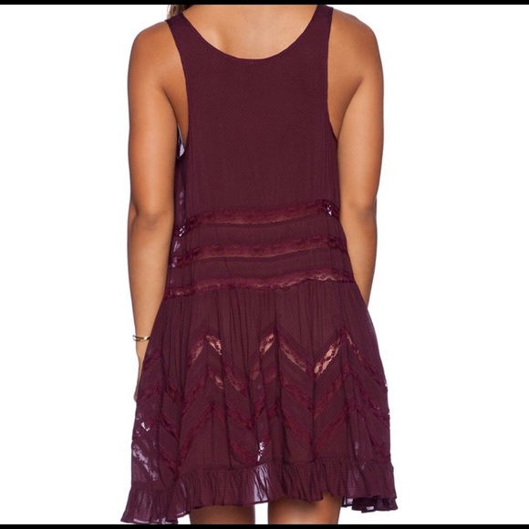 Free People Voile & Lace Maroon with Black Polka Dot Trapeze Dress - Picture 7 of 12